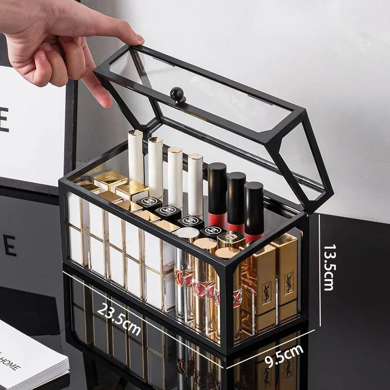 Caixa organizadora de maquiagem de vidro, batons cosméticos, escova, suporte de armazenamento de joias, luxo, casa, desktop, prateleiras de banheiro