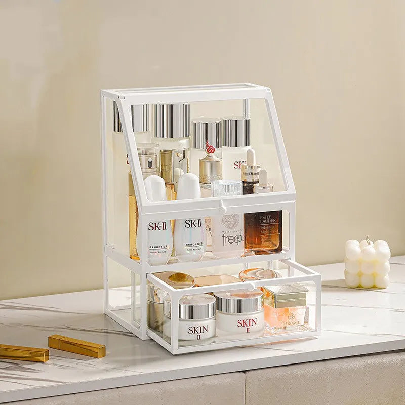 Caixa organizadora de maquiagem de vidro, batons cosméticos, escova, suporte de armazenamento de joias, luxo, casa, desktop, prateleiras de banheiro