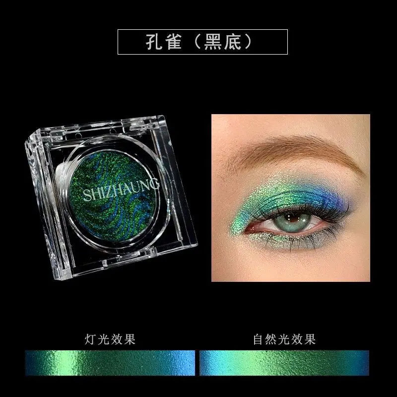 Sombra monocromática, cor fosca, alta saturação, renderização de cores altas, brilho fino branco, maquiagem para os olhos de alto brilho, camaleão