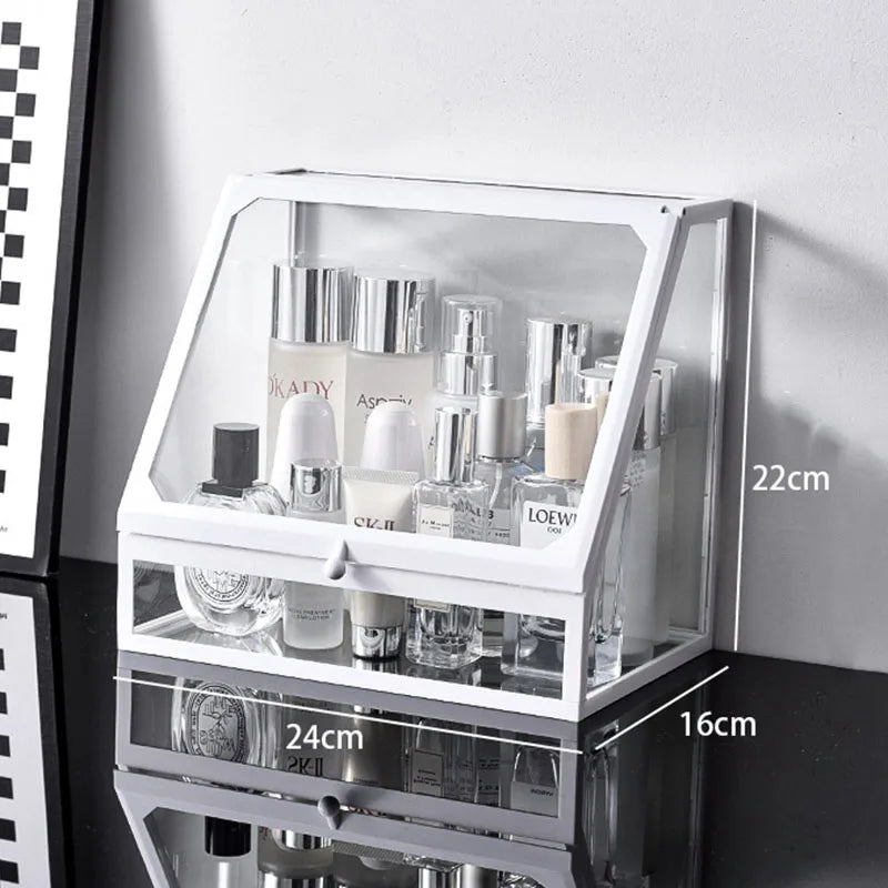 Caixa organizadora de maquiagem de vidro, batons cosméticos, escova, suporte de armazenamento de joias, luxo, casa, desktop, prateleiras de banheiro