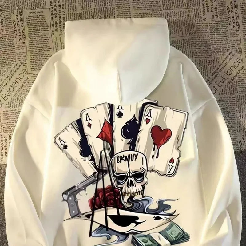 Pulôver com capuz masculino e feminino da moda, estampas de pôquer dee esqueleto da moda, roupas casuais de casal de manga comprida, estilo de rua