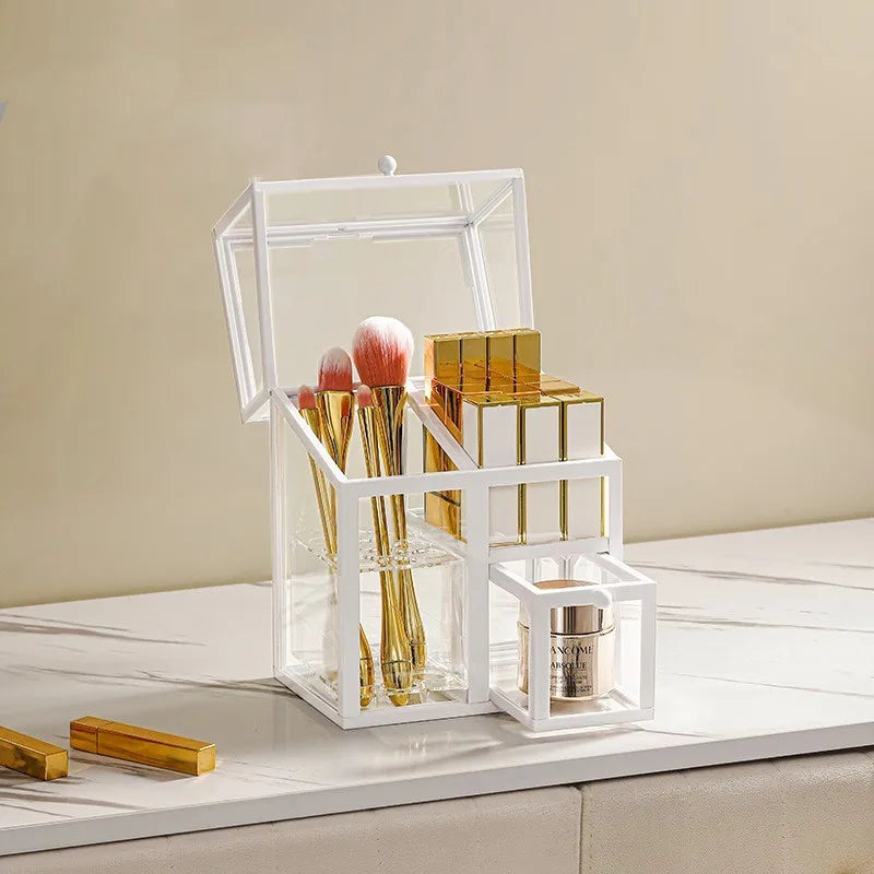 Caixa organizadora de maquiagem de vidro, batons cosméticos, escova, suporte de armazenamento de joias, luxo, casa, desktop, prateleiras de banheiro