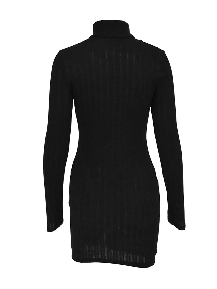 Vestidos femininos elegantes festa outono inverno novo gola alta mangas compridas sexy bainha mini vestidos bodycon clube vestido de malha