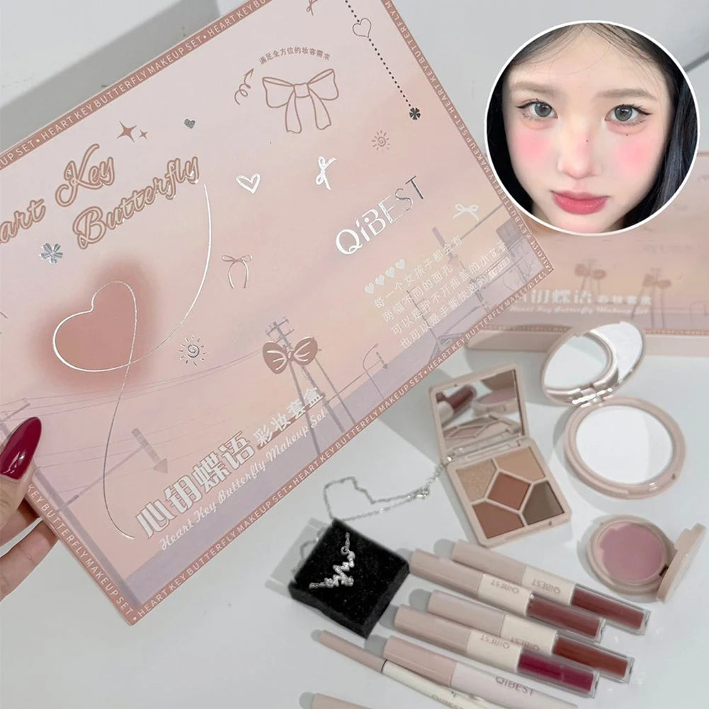 Conjunto de Maquiagem Facial com Brilho Labial Duplo, Pó Compacto, Blush, Sombra, Caneta para Sobrancelhas, Delineador, Óleo Labial, Cosméticos de Presente