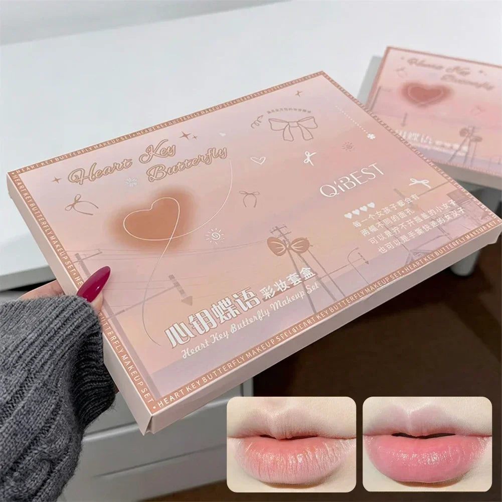 Conjunto de Maquiagem Facial com Brilho Labial Duplo, Pó Compacto, Blush, Sombra, Caneta para Sobrancelhas, Delineador, Óleo Labial, Cosméticos de Presente