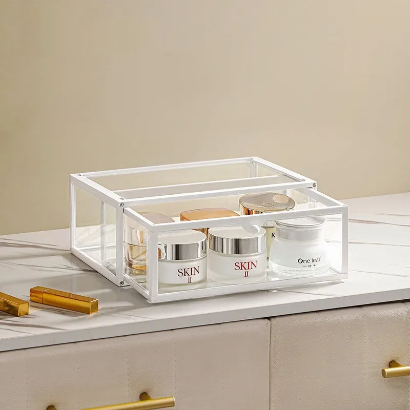 Caixa organizadora de maquiagem de vidro, batons cosméticos, escova, suporte de armazenamento de joias, luxo, casa, desktop, prateleiras de banheiro