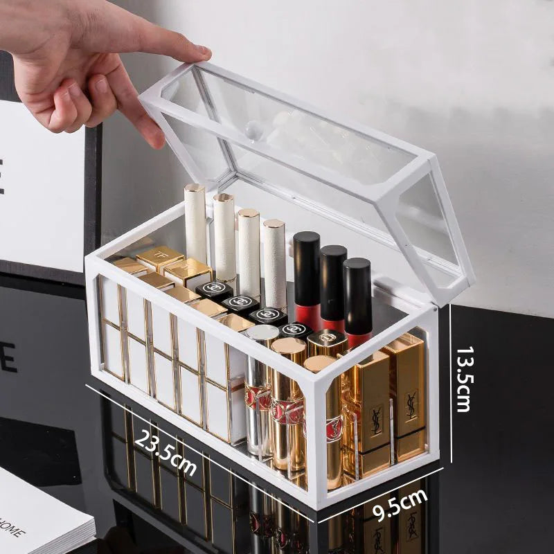 Caixa organizadora de maquiagem de vidro, batons cosméticos, escova, suporte de armazenamento de joias, luxo, casa, desktop, prateleiras de banheiro