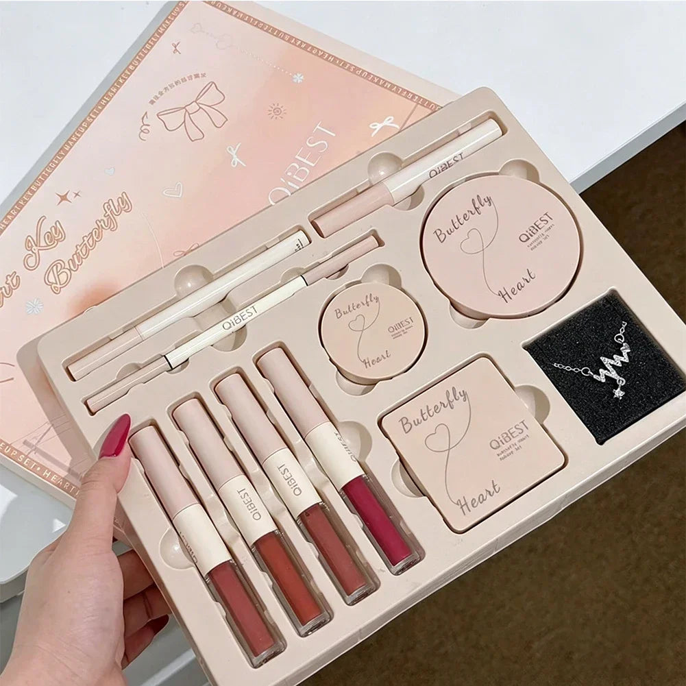 Conjunto de Maquiagem Facial com Brilho Labial Duplo, Pó Compacto, Blush, Sombra, Caneta para Sobrancelhas, Delineador, Óleo Labial, Cosméticos de Presente