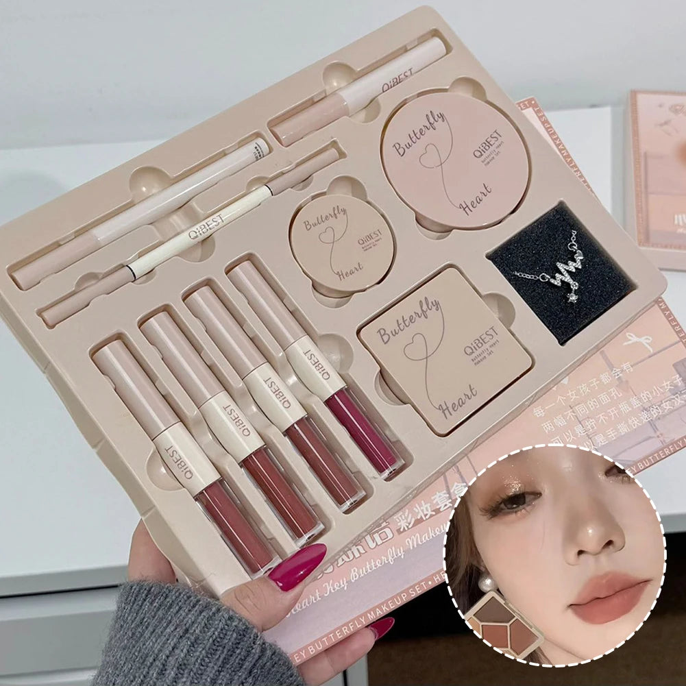 Conjunto de Maquiagem Facial com Brilho Labial Duplo, Pó Compacto, Blush, Sombra, Caneta para Sobrancelhas, Delineador, Óleo Labial, Cosméticos de Presente