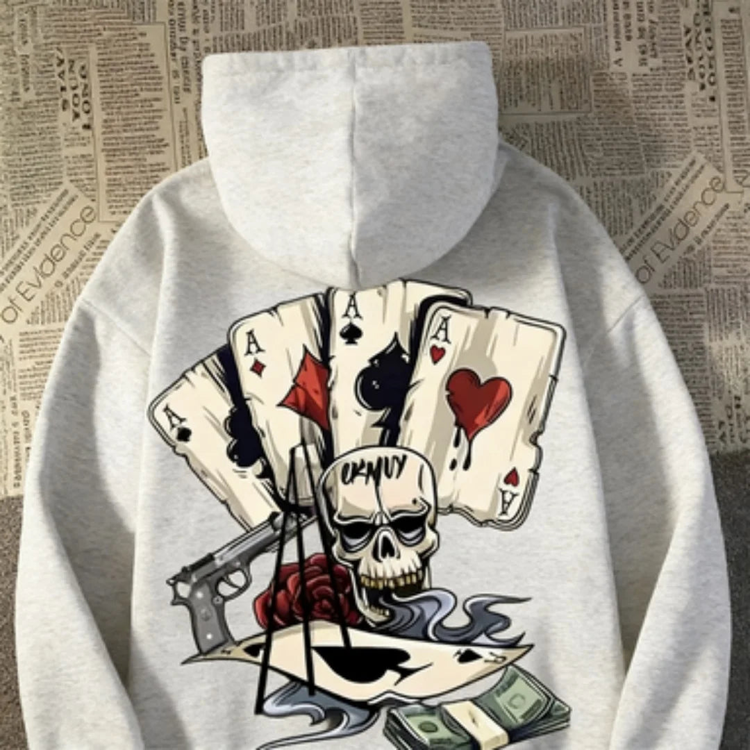 Pulôver com capuz masculino e feminino da moda, estampas de pôquer dee esqueleto da moda, roupas casuais de casal de manga comprida, estilo de rua